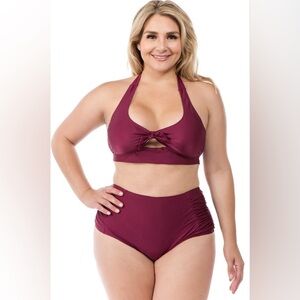 Plus-Size Halter Bikini Set in Burgundy - Stylish Support